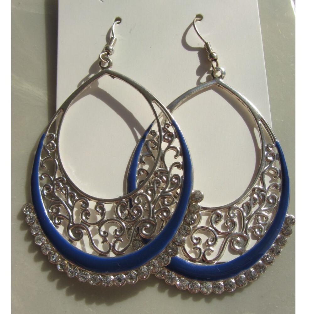 Silver Tone Lattice Hoop Rhinestone Accent Earrings